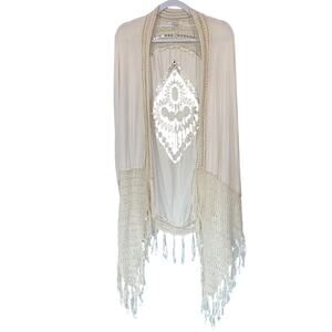 JODIFL Kimono Top Cream Crochet Fringe SZ M Loose Knit Oversized Boho Peasant